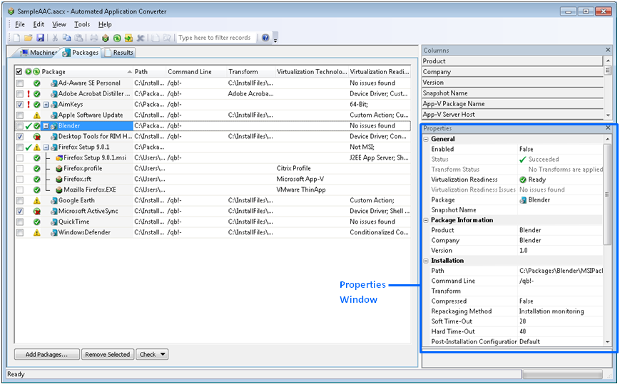 Properties Window on the Packages Tab