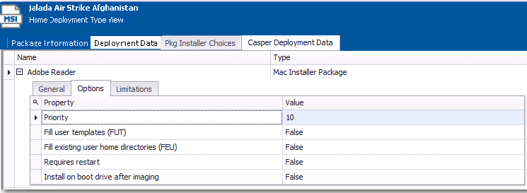 Casper Deployment Data / Options Tab