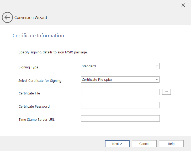 Conversion Wizard / Certificate Information Panel