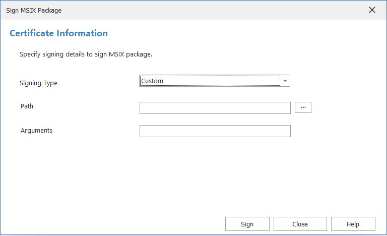 Sign MSIX Package Wizard / Certificate Information Panel